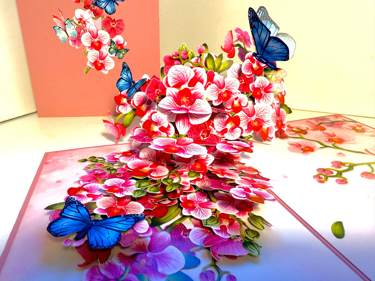 Purple Orchid Garden with Butterflies Origami Pop Cards 3D Pop Up Greeting Card Best Wishes Happy Birthday Gift Thank You Handmade Best Wishes Blank Card for Any Occasion Happy Mother's Day Happy Father's Day Celebrate The Beauty of Flower and Nature