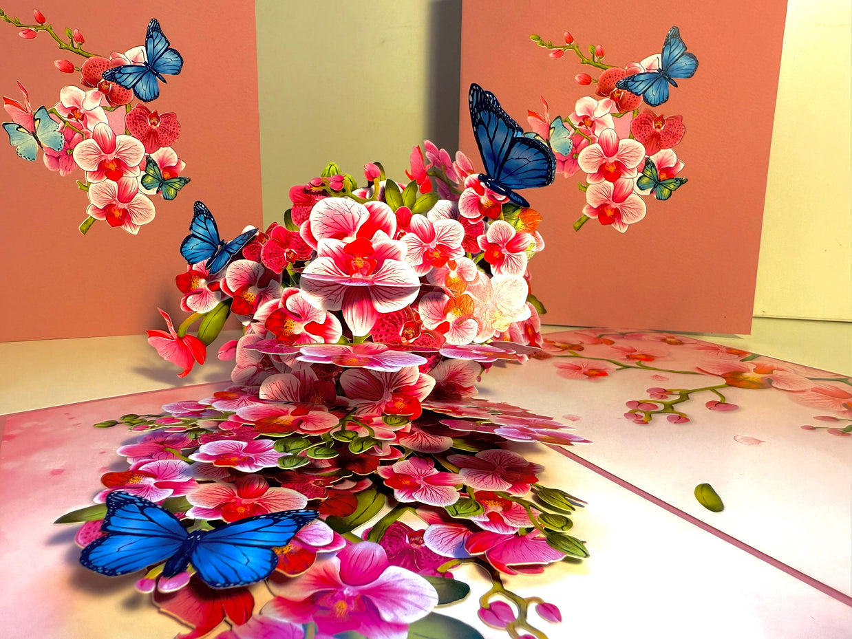 Purple Orchid Garden with Butterflies Origami Pop Cards 3D Pop Up Greeting Card Best Wishes Happy Birthday Gift Thank You Handmade Best Wishes Blank Card for Any Occasion Happy Mother's Day Happy Father's Day Celebrate The Beauty of Flower and Nature
