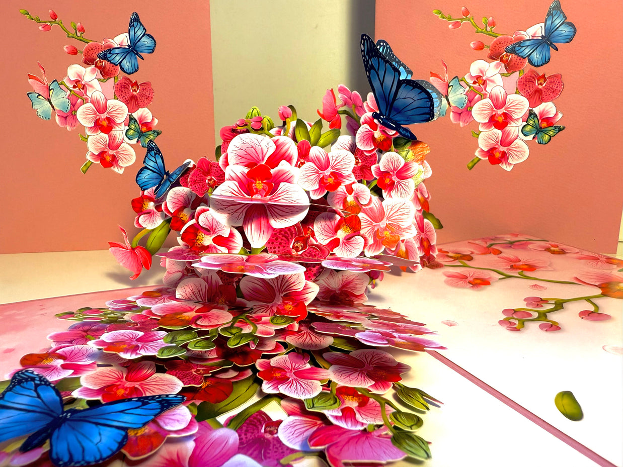 Purple Orchid Garden with Butterflies Origami Pop Cards 3D Pop Up Greeting Card Best Wishes Happy Birthday Gift Thank You Handmade Best Wishes Blank Card for Any Occasion Happy Mother's Day Happy Father's Day Celebrate The Beauty of Flower and Nature