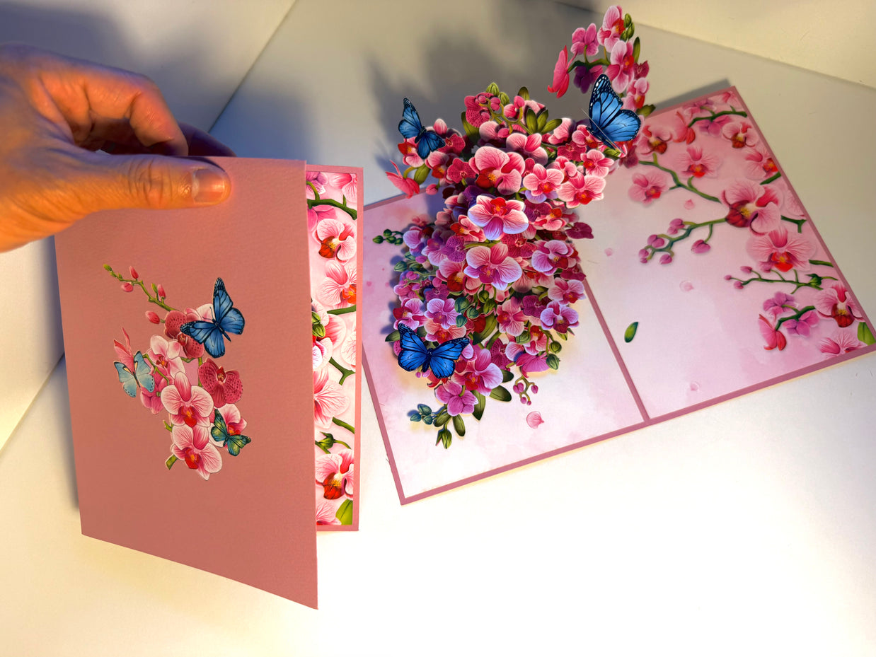 Purple Orchid Garden with Butterflies Origami Pop Cards 3D Pop Up Greeting Card Best Wishes Happy Birthday Gift Thank You Handmade Best Wishes Blank Card for Any Occasion Happy Mother's Day Happy Father's Day Celebrate The Beauty of Flower and Nature