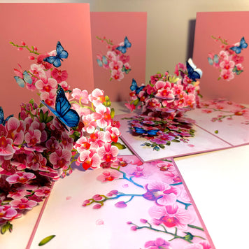 Purple Orchid Garden with Butterflies Origami Pop Cards 3D Pop Up Greeting Card Best Wishes Happy Birthday Gift Thank You Handmade Best Wishes Blank Card for Any Occasion Happy Mother's Day Happy Father's Day Celebrate The Beauty of Flower and Nature