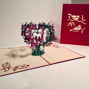 Purple & Red Lovebird - Tree of Love Heart Origami Pop Cards 3D Pop Up Greeting Card Happy Birthday Thank You Handmade Best Wishes Blank Card for Any Occasion Happy Mother's Day Happy Father's Day Celebrate the Beauty Of Nature
