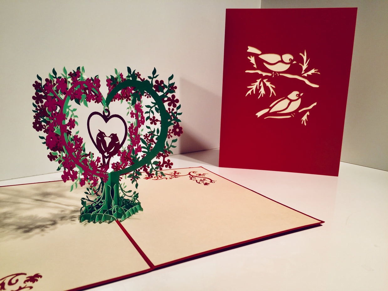 Purple & Red Lovebird - Tree of Love Heart Origami Pop Cards 3D Pop Up Greeting Card Happy Birthday Thank You Handmade Best Wishes Blank Card for Any Occasion Happy Mother's Day Happy Father's Day Celebrate the Beauty Of Nature