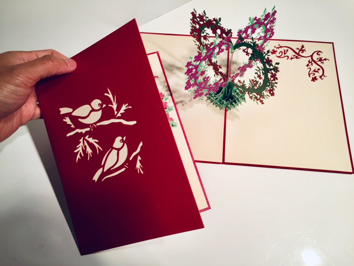 Purple & Red Lovebird - Tree of Love Heart Origami Pop Cards 3D Pop Up Greeting Card Happy Birthday Thank You Handmade Best Wishes Blank Card for Any Occasion Happy Mother's Day Happy Father's Day Celebrate the Beauty Of Nature