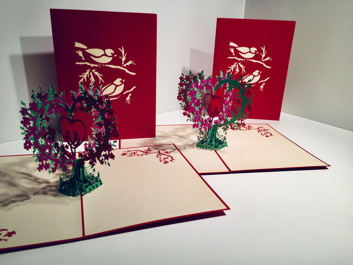 Purple & Red Lovebird - Tree of Love Heart Origami Pop Cards 3D Pop Up Greeting Card Happy Birthday Thank You Handmade Best Wishes Blank Card for Any Occasion Happy Mother's Day Happy Father's Day Celebrate the Beauty Of Nature