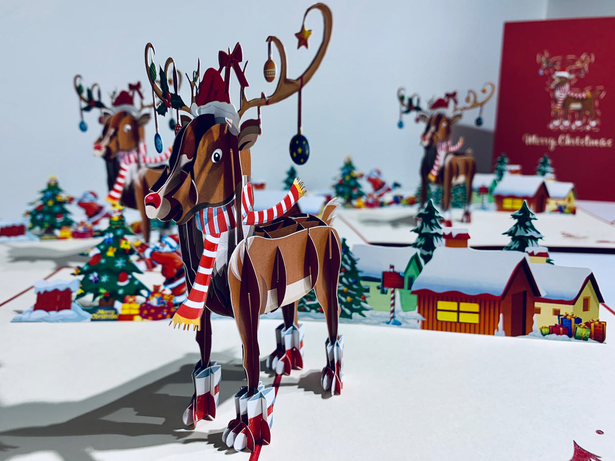 Rudolph the Red-Nosed Reindeer Origami Pop Cards 3D Pop Up Greeting Card Merry Christmas Thank You Handmade Best Wishes Blank Card Gift Happy Holidays Celebrate the Special Day