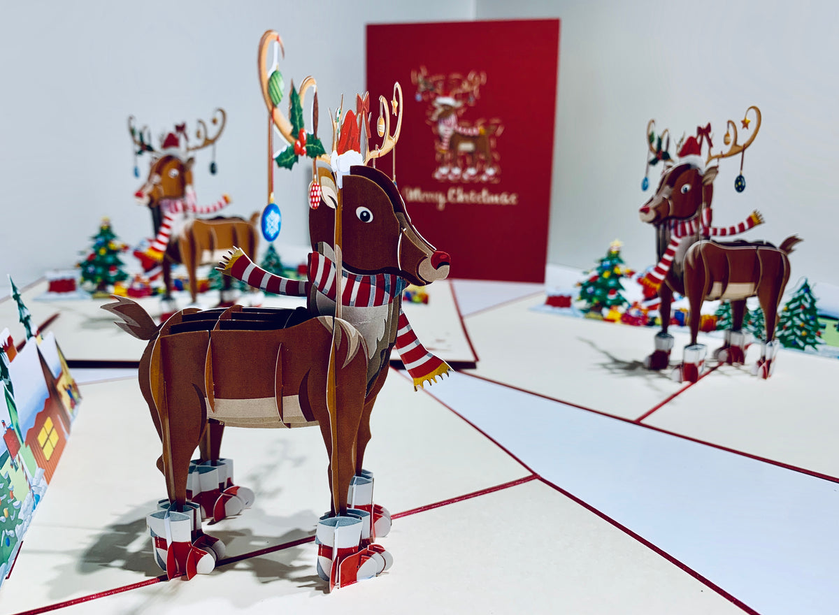 Rudolph the Red-Nosed Reindeer Origami Pop Cards 3D Pop Up Greeting Card Merry Christmas Thank You Handmade Best Wishes Blank Card Gift Happy Holidays Celebrate the Special Day