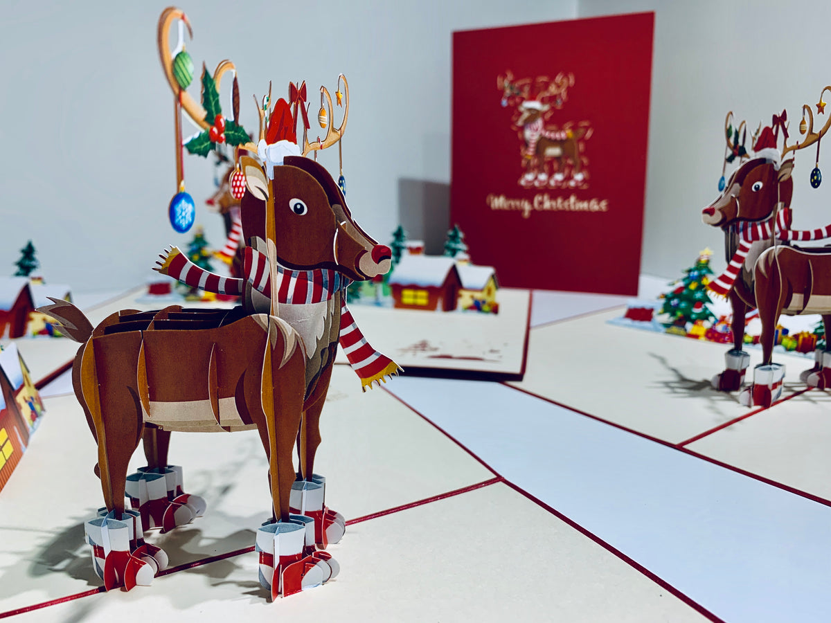 Rudolph the Red-Nosed Reindeer Origami Pop Cards 3D Pop Up Greeting Card Merry Christmas Thank You Handmade Best Wishes Blank Card Gift Happy Holidays Celebrate the Special Day