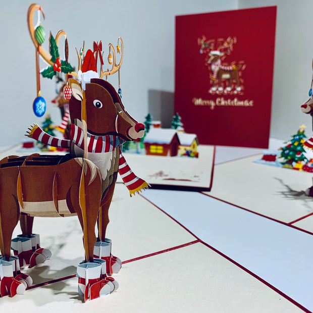 Rudolph the Red-Nosed Reindeer Origami Pop Cards 3D Pop Up Greeting Card Merry Christmas Thank You Handmade Best Wishes Blank Card Gift Happy Holidays Celebrate the Special Day