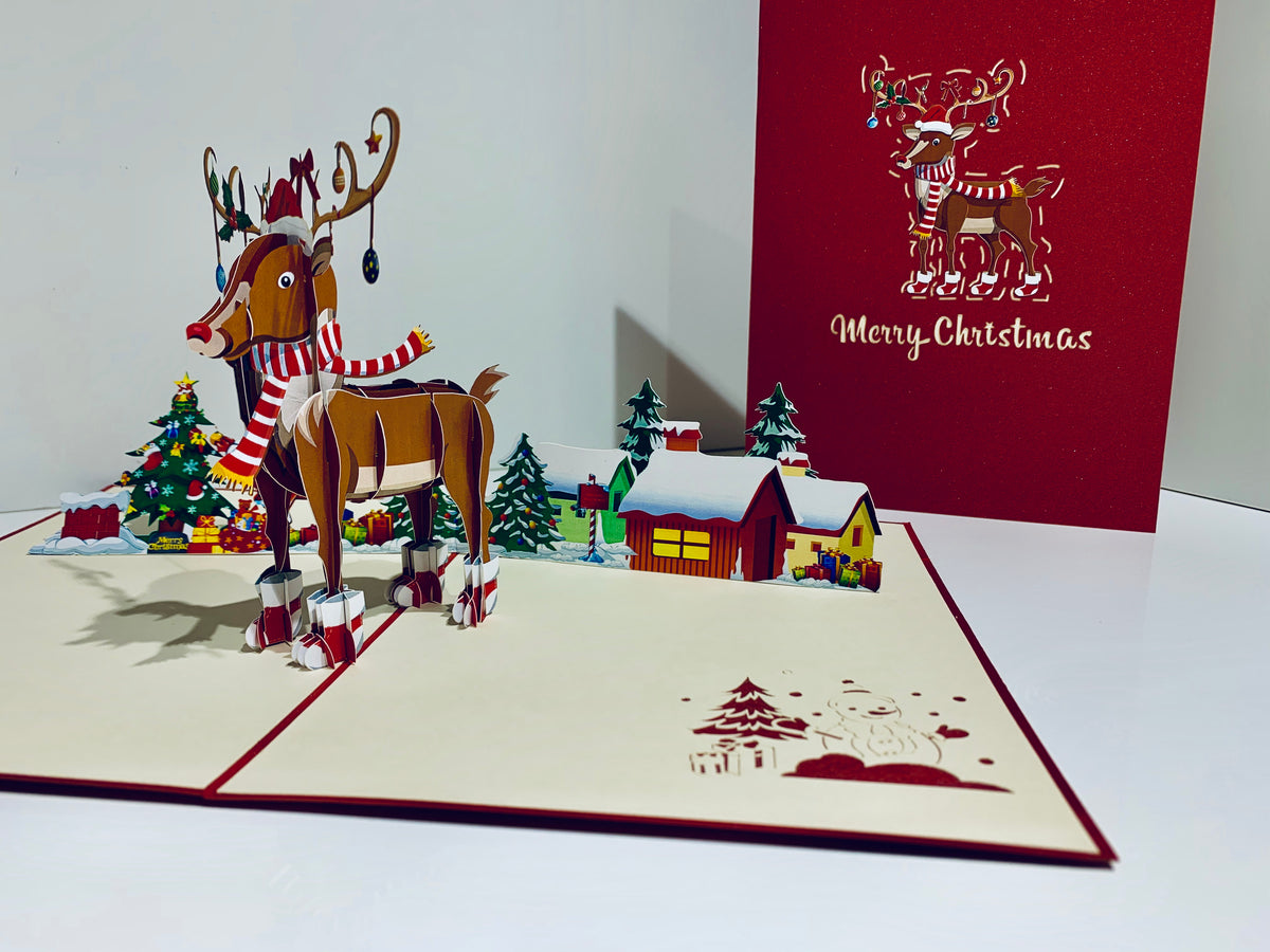 Rudolph the Red-Nosed Reindeer Origami Pop Cards 3D Pop Up Greeting Card Merry Christmas Thank You Handmade Best Wishes Blank Card Gift Happy Holidays Celebrate the Special Day