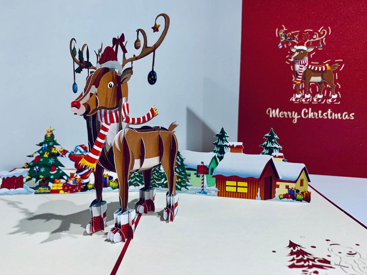 Rudolph the Red-Nosed Reindeer Origami Pop Cards 3D Pop Up Greeting Card Merry Christmas Thank You Handmade Best Wishes Blank Card Gift Happy Holidays Celebrate the Special Day