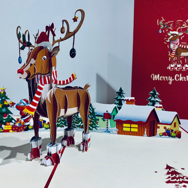 Rudolph the Red-Nosed Reindeer Origami Pop Cards 3D Pop Up Greeting Card Merry Christmas Thank You Handmade Best Wishes Blank Card Gift Happy Holidays Celebrate the Special Day