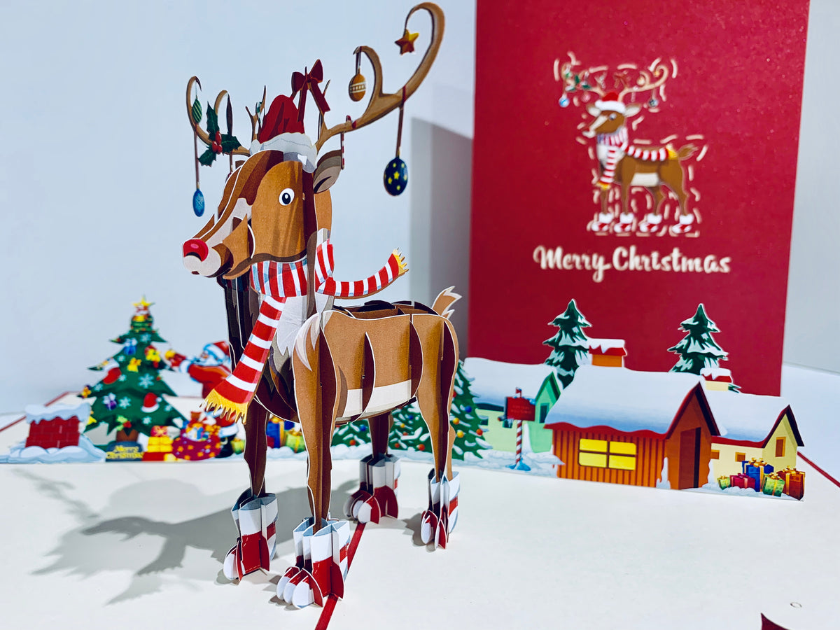 Rudolph the Red-Nosed Reindeer Origami Pop Cards 3D Pop Up Greeting Card Merry Christmas Thank You Handmade Best Wishes Blank Card Gift Happy Holidays Celebrate the Special Day