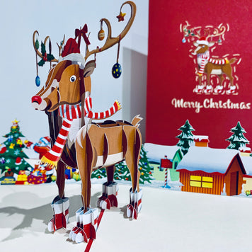 Rudolph the Red-Nosed Reindeer Origami Pop Cards 3D Pop Up Greeting Card Merry Christmas Thank You Handmade Best Wishes Blank Card Gift Happy Holidays Celebrate the Special Day