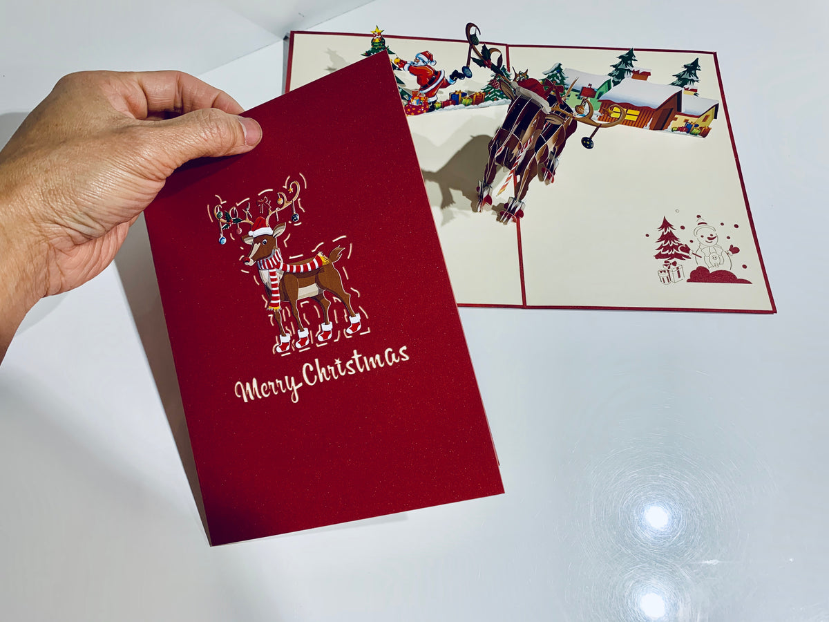 Rudolph the Red-Nosed Reindeer Origami Pop Cards 3D Pop Up Greeting Card Merry Christmas Thank You Handmade Best Wishes Blank Card Gift Happy Holidays Celebrate the Special Day