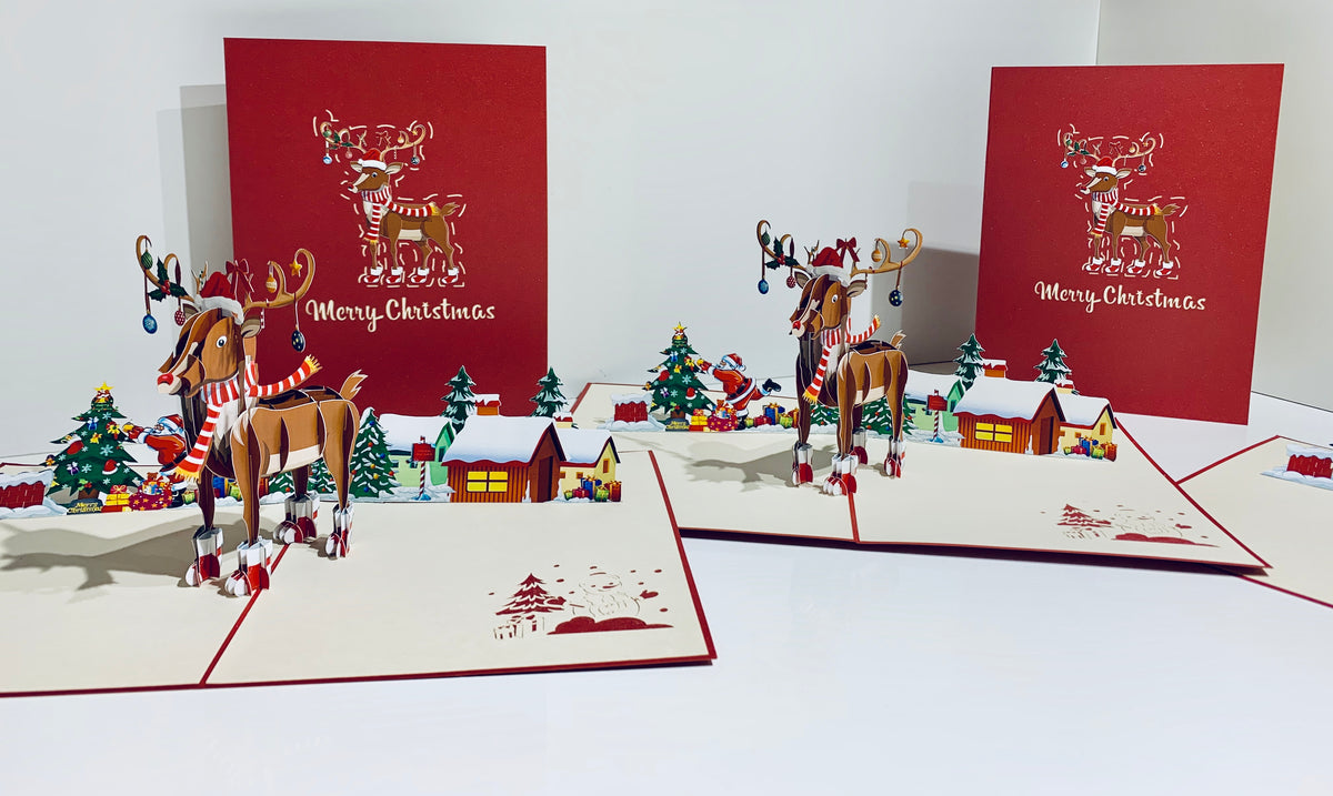 Rudolph the Red-Nosed Reindeer Origami Pop Cards 3D Pop Up Greeting Card Merry Christmas Thank You Handmade Best Wishes Blank Card Gift Happy Holidays Celebrate the Special Day