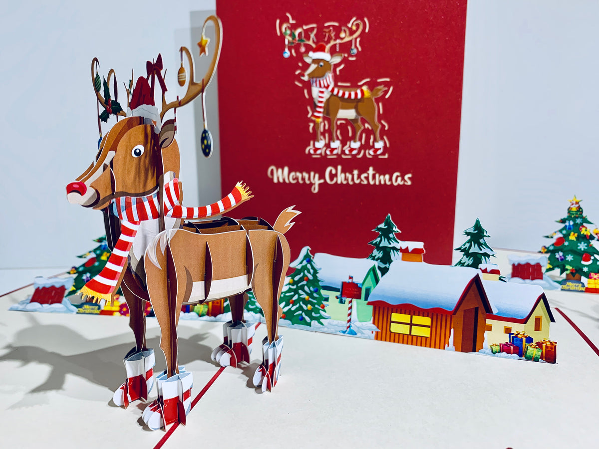 Rudolph the Red-Nosed Reindeer Origami Pop Cards 3D Pop Up Greeting Card Merry Christmas Thank You Handmade Best Wishes Blank Card Gift Happy Holidays Celebrate the Special Day