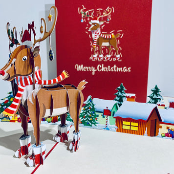Rudolph the Red-Nosed Reindeer Origami Pop Cards 3D Pop Up Greeting Card Merry Christmas Thank You Handmade Best Wishes Blank Card Gift Happy Holidays Celebrate the Special Day