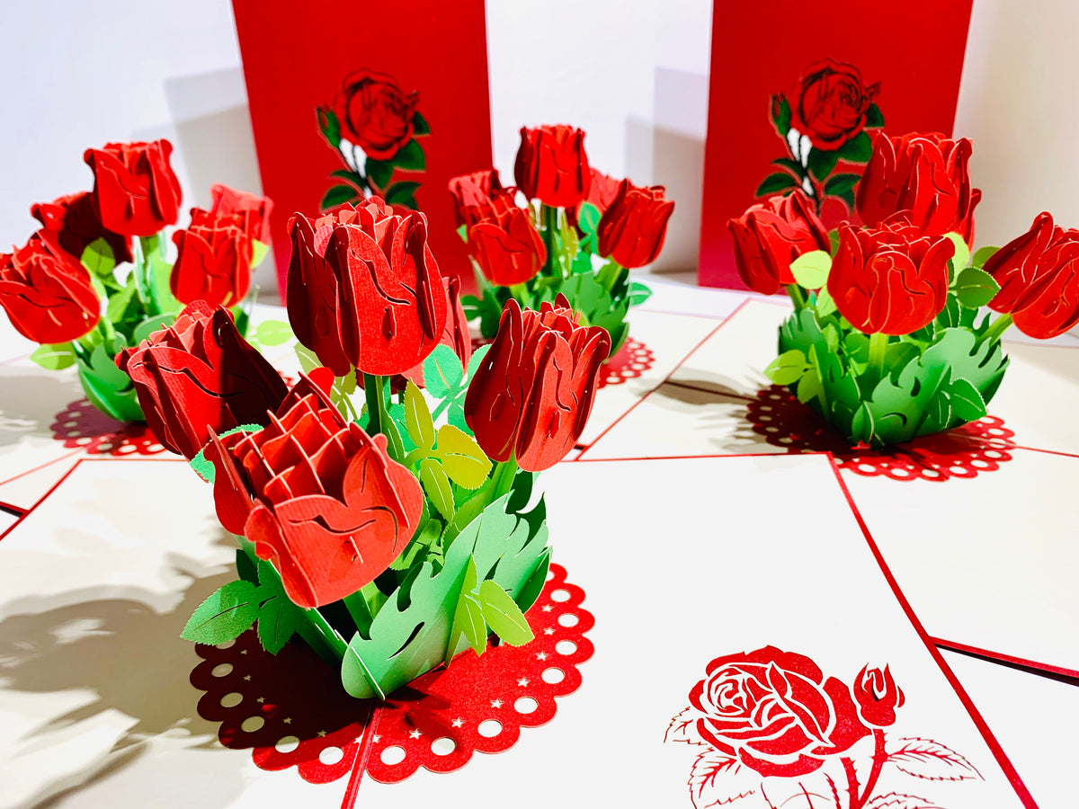 Red Rose Bouquet Pop Up Card - Classic & Chic Collection Origami Pop Cards 3D Pop Up Greeting Card Happy Birthday Thank You Handmade Gift Thinking of You Blank Card for Any Occasion Happy Mother's Day Australiana Celebrate the Beauty