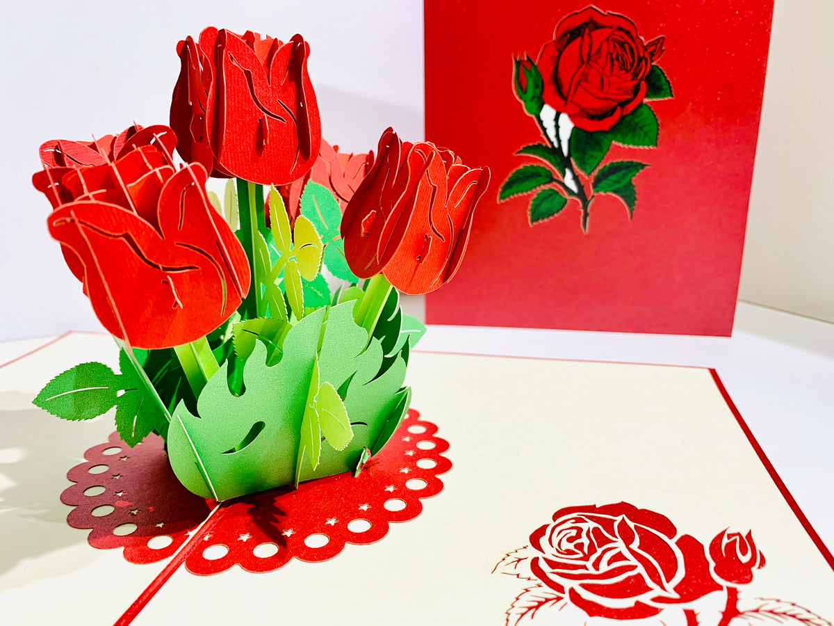 Red Rose Bouquet Pop Up Card - Classic & Chic Collection Origami Pop Cards 3D Pop Up Greeting Card Happy Birthday Thank You Handmade Gift Thinking of You Blank Card for Any Occasion Happy Mother's Day Australiana Celebrate the Beauty