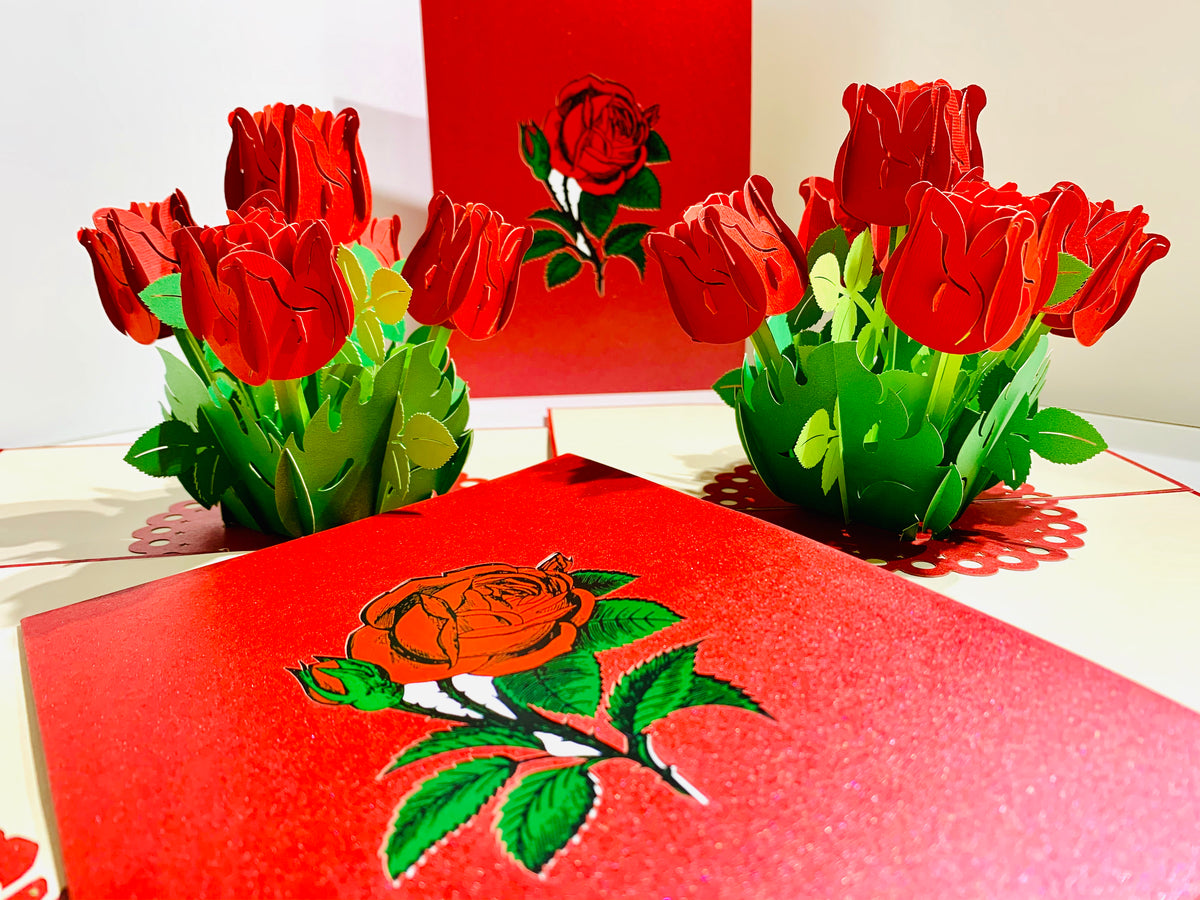 Red Rose Bouquet Pop Up Card - Classic & Chic Collection Origami Pop Cards 3D Pop Up Greeting Card Happy Birthday Thank You Handmade Gift Thinking of You Blank Card for Any Occasion Happy Mother's Day Australiana Celebrate the Beauty