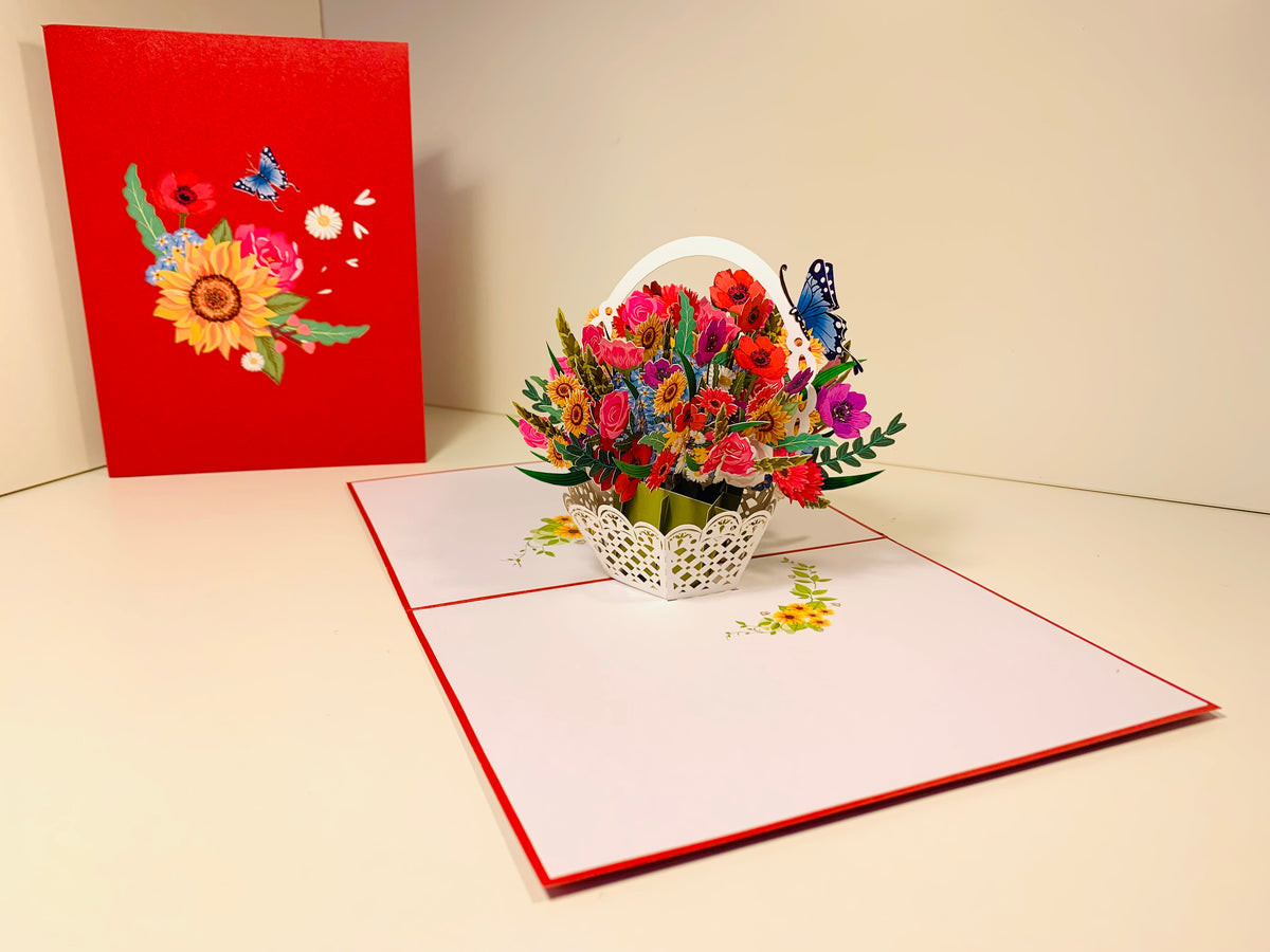 RED Spring Colourful Flower Basket Origami Pop Cards 3D Pop Up Greeting Card Happy Birthday Thank You Handmade Gift Thinking of You Blank Card for Any Occasion Happy Mother's Day Happy Father's Australiana Celebrate the Beauty of Flower and Romantic