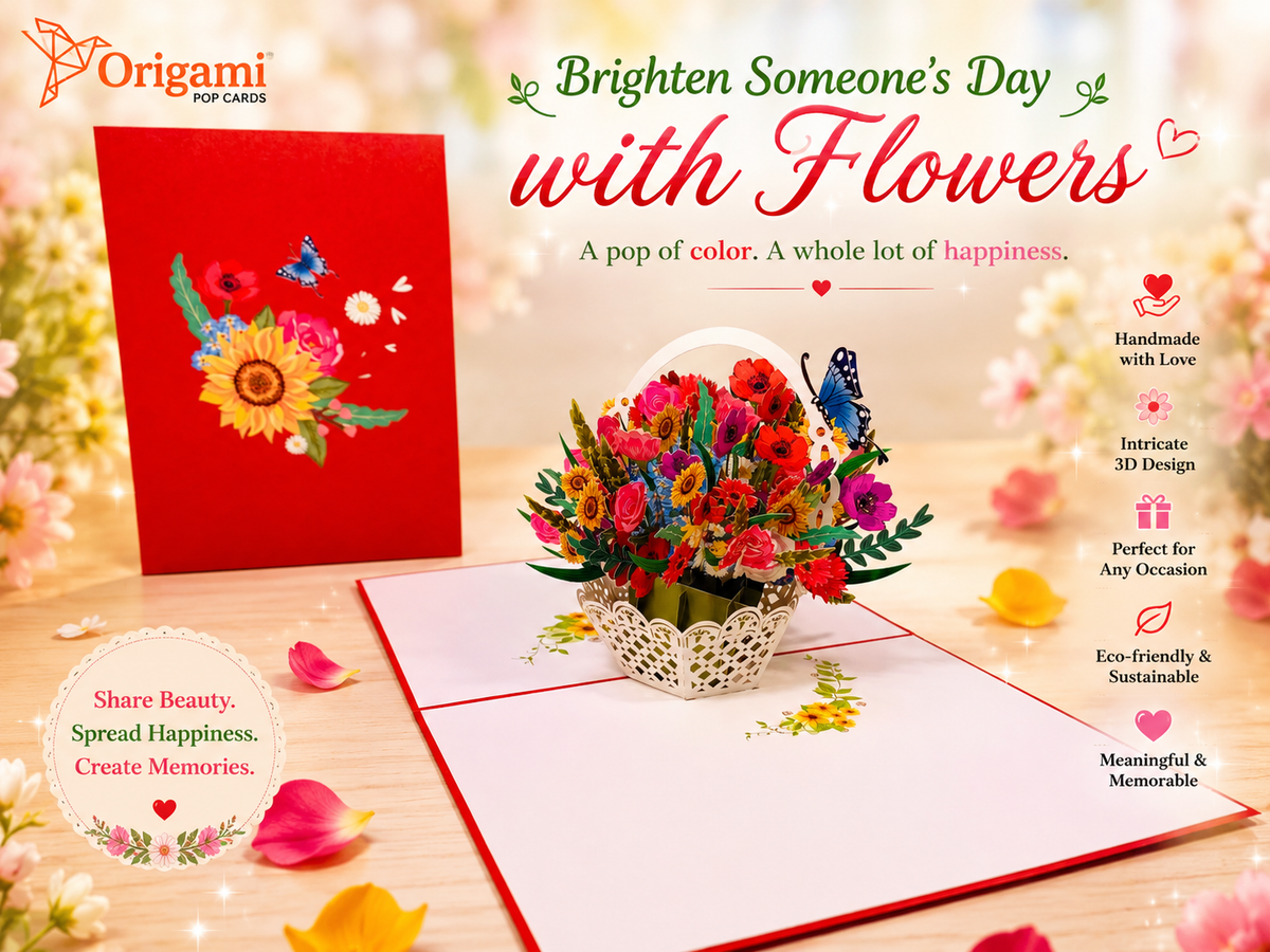 RED Spring Colourful Flower Basket Origami Pop Cards 3D Pop Up Greeting Card Happy Birthday Thank You Handmade Gift Thinking of You Blank Card for Any Occasion Happy Mother's Day Happy Father's Australiana Celebrate the Beauty of Flower and Romantic