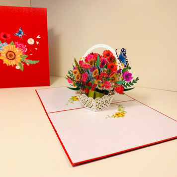 RED Spring Colourful Flower Basket Origami Pop Cards 3D Pop Up Greeting Card Happy Birthday Thank You Handmade Gift Thinking of You Blank Card for Any Occasion Happy Mother's Day Happy Father's Australiana Celebrate the Beauty of Flower and Romantic