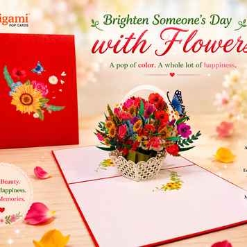 RED Spring Colourful Flower Basket Origami Pop Cards 3D Pop Up Greeting Card Happy Birthday Thank You Handmade Gift Thinking of You Blank Card for Any Occasion Happy Mother's Day Happy Father's Australiana Celebrate the Beauty of Flower and Romantic