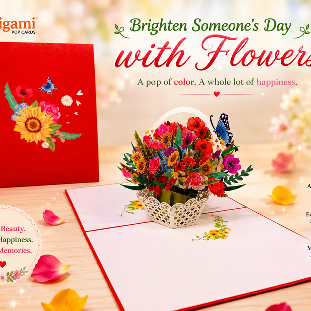 RED Spring Colourful Flower Basket Origami Pop Cards 3D Pop Up Greeting Card Happy Birthday Thank You Handmade Gift Thinking of You Blank Card for Any Occasion Happy Mother's Day Happy Father's Australiana Celebrate the Beauty of Flower and Romantic