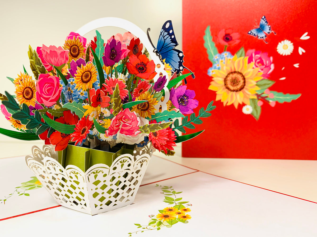 RED Spring Colourful Flower Basket Origami Pop Cards 3D Pop Up Greeting Card Happy Birthday Thank You Handmade Gift Thinking of You Blank Card for Any Occasion Happy Mother's Day Happy Father's Australiana Celebrate the Beauty of Flower and Romantic