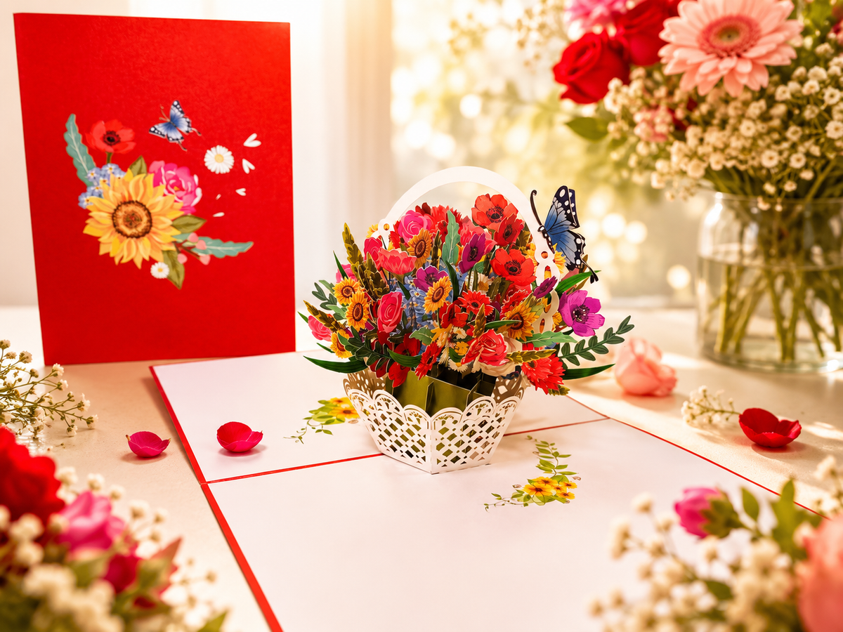 RED Spring Colourful Flower Basket Origami Pop Cards 3D Pop Up Greeting Card Happy Birthday Thank You Handmade Gift Thinking of You Blank Card for Any Occasion Happy Mother's Day Happy Father's Australiana Celebrate the Beauty of Flower and Romantic