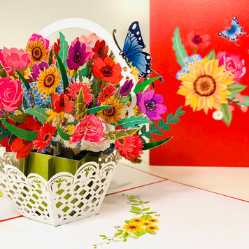 RED Spring Colourful Flower Basket Origami Pop Cards 3D Pop Up Greeting Card Happy Birthday Thank You Handmade Gift Thinking of You Blank Card for Any Occasion Happy Mother's Day Happy Father's Australiana Celebrate the Beauty of Flower and Romantic