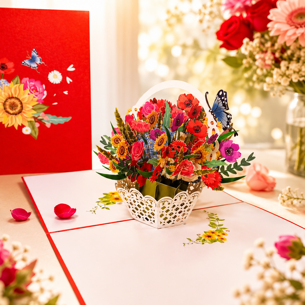 RED Spring Colourful Flower Basket Origami Pop Cards 3D Pop Up Greeting Card Happy Birthday Thank You Handmade Gift Thinking of You Blank Card for Any Occasion Happy Mother's Day Happy Father's Australiana Celebrate the Beauty of Flower and Romantic
