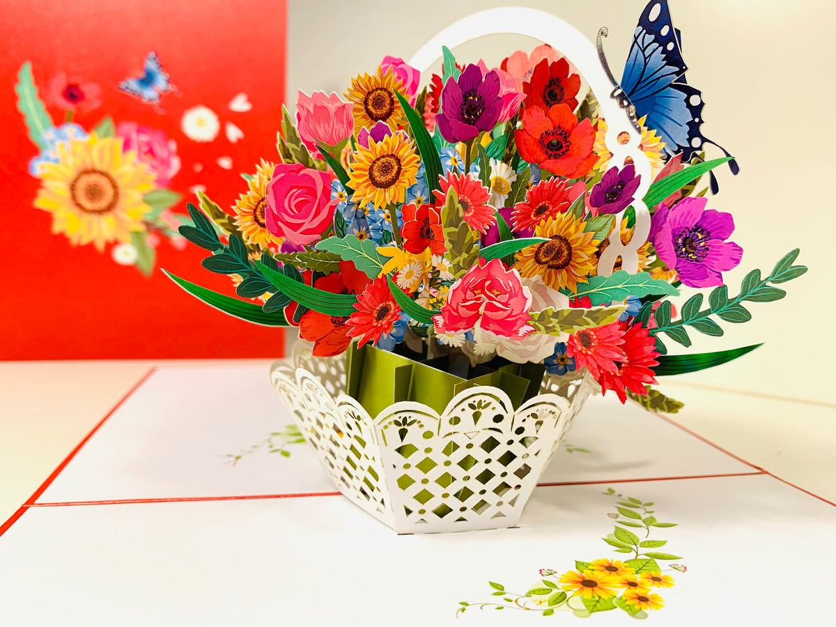 RED Spring Colourful Flower Basket Origami Pop Cards 3D Pop Up Greeting Card Happy Birthday Thank You Handmade Gift Thinking of You Blank Card for Any Occasion Happy Mother's Day Happy Father's Australiana Celebrate the Beauty of Flower and Romantic