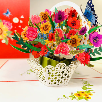 RED Spring Colourful Flower Basket Origami Pop Cards 3D Pop Up Greeting Card Happy Birthday Thank You Handmade Gift Thinking of You Blank Card for Any Occasion Happy Mother's Day Happy Father's Australiana Celebrate the Beauty of Flower and Romantic