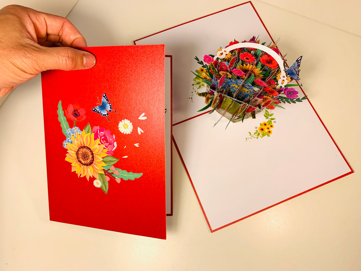 RED Spring Colourful Flower Basket Origami Pop Cards 3D Pop Up Greeting Card Happy Birthday Thank You Handmade Gift Thinking of You Blank Card for Any Occasion Happy Mother's Day Happy Father's Australiana Celebrate the Beauty of Flower and Romantic
