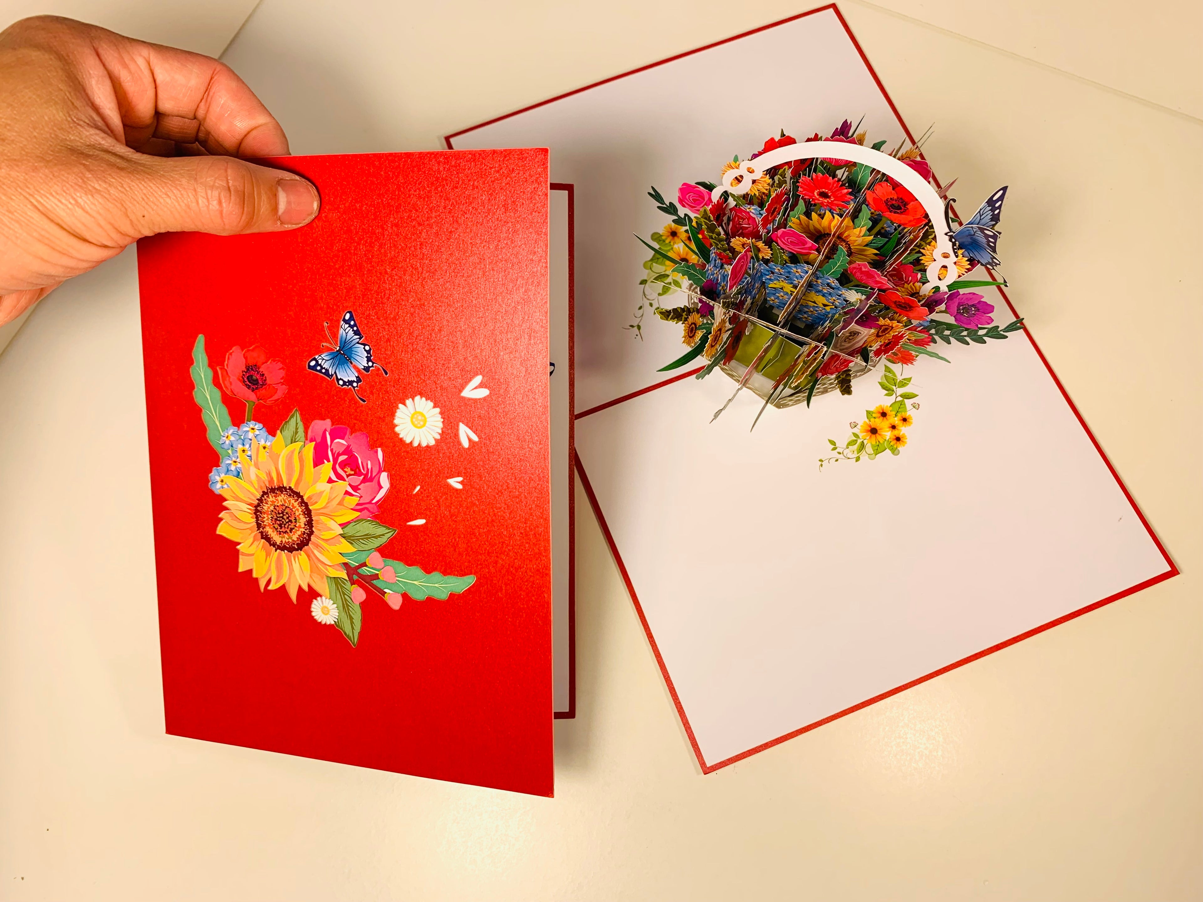 RED Spring Colourful Flower Basket Origami Pop Cards 3D Pop Up Greeting Card Happy Birthday Thank You Handmade Gift Thinking of You Blank Card for Any Occasion Happy Mother's Day Happy Father's Australiana Celebrate the Beauty of Flower and Romantic