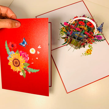 RED Spring Colourful Flower Basket Origami Pop Cards 3D Pop Up Greeting Card Happy Birthday Thank You Handmade Gift Thinking of You Blank Card for Any Occasion Happy Mother's Day Happy Father's Australiana Celebrate the Beauty of Flower and Romantic