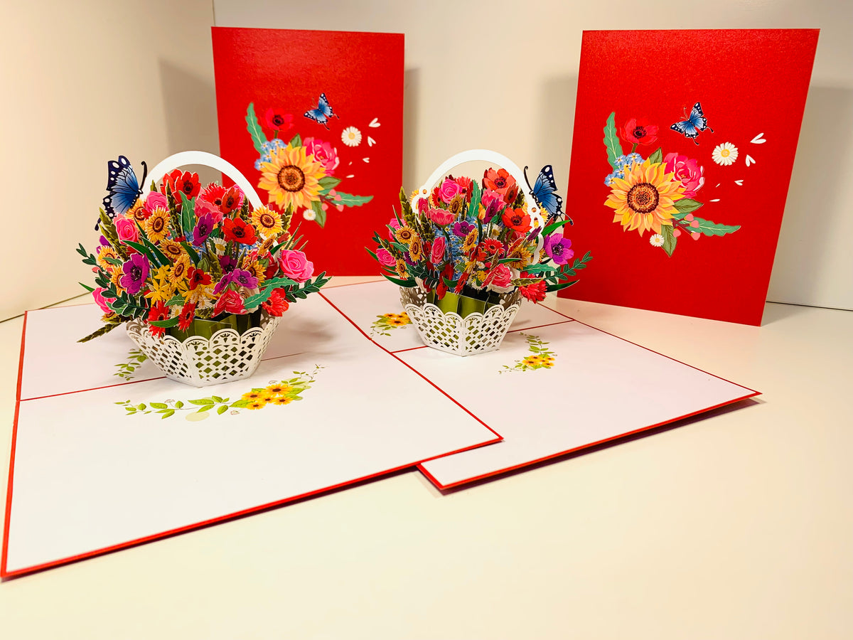 RED Spring Colourful Flower Basket Origami Pop Cards 3D Pop Up Greeting Card Happy Birthday Thank You Handmade Gift Thinking of You Blank Card for Any Occasion Happy Mother's Day Happy Father's Australiana Celebrate the Beauty of Flower and Romantic