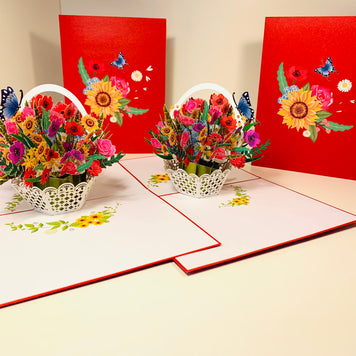 RED Spring Colourful Flower Basket Origami Pop Cards 3D Pop Up Greeting Card Happy Birthday Thank You Handmade Gift Thinking of You Blank Card for Any Occasion Happy Mother's Day Happy Father's Australiana Celebrate the Beauty of Flower and Romantic