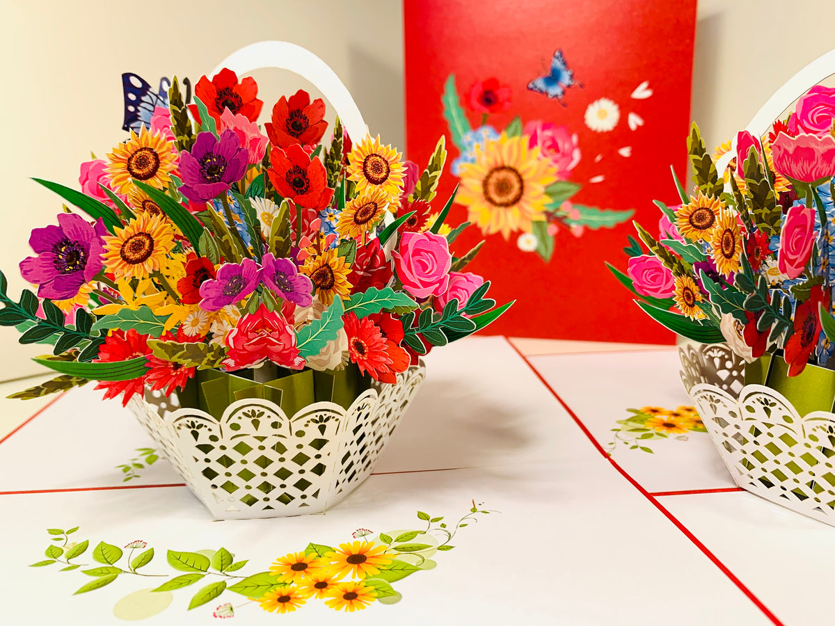 RED Spring Colourful Flower Basket Origami Pop Cards 3D Pop Up Greeting Card Happy Birthday Thank You Handmade Gift Thinking of You Blank Card for Any Occasion Happy Mother's Day Happy Father's Australiana Celebrate the Beauty of Flower and Romantic
