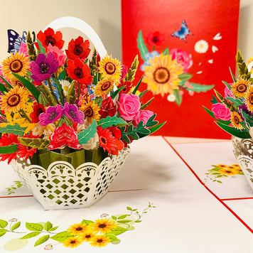 RED Spring Colourful Flower Basket Origami Pop Cards 3D Pop Up Greeting Card Happy Birthday Thank You Handmade Gift Thinking of You Blank Card for Any Occasion Happy Mother's Day Happy Father's Australiana Celebrate the Beauty of Flower and Romantic