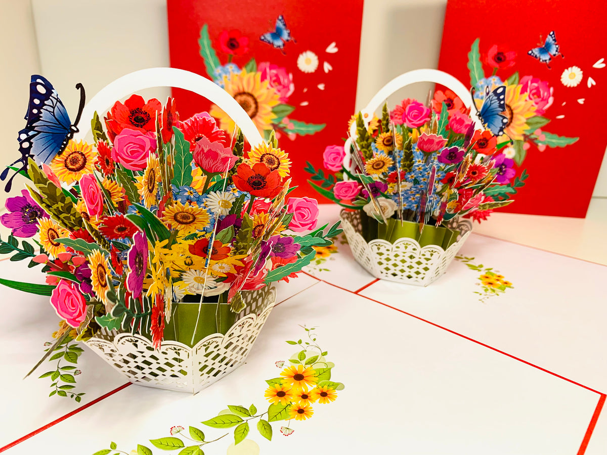 RED Spring Colourful Flower Basket Origami Pop Cards 3D Pop Up Greeting Card Happy Birthday Thank You Handmade Gift Thinking of You Blank Card for Any Occasion Happy Mother's Day Happy Father's Australiana Celebrate the Beauty of Flower and Romantic
