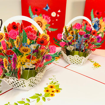 RED Spring Colourful Flower Basket Origami Pop Cards 3D Pop Up Greeting Card Happy Birthday Thank You Handmade Gift Thinking of You Blank Card for Any Occasion Happy Mother's Day Happy Father's Australiana Celebrate the Beauty of Flower and Romantic