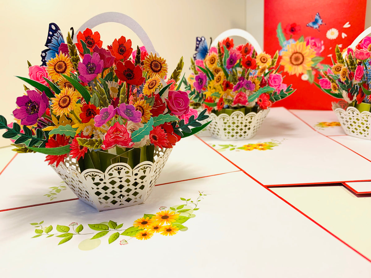 RED Spring Colourful Flower Basket Origami Pop Cards 3D Pop Up Greeting Card Happy Birthday Thank You Handmade Gift Thinking of You Blank Card for Any Occasion Happy Mother's Day Happy Father's Australiana Celebrate the Beauty of Flower and Romantic