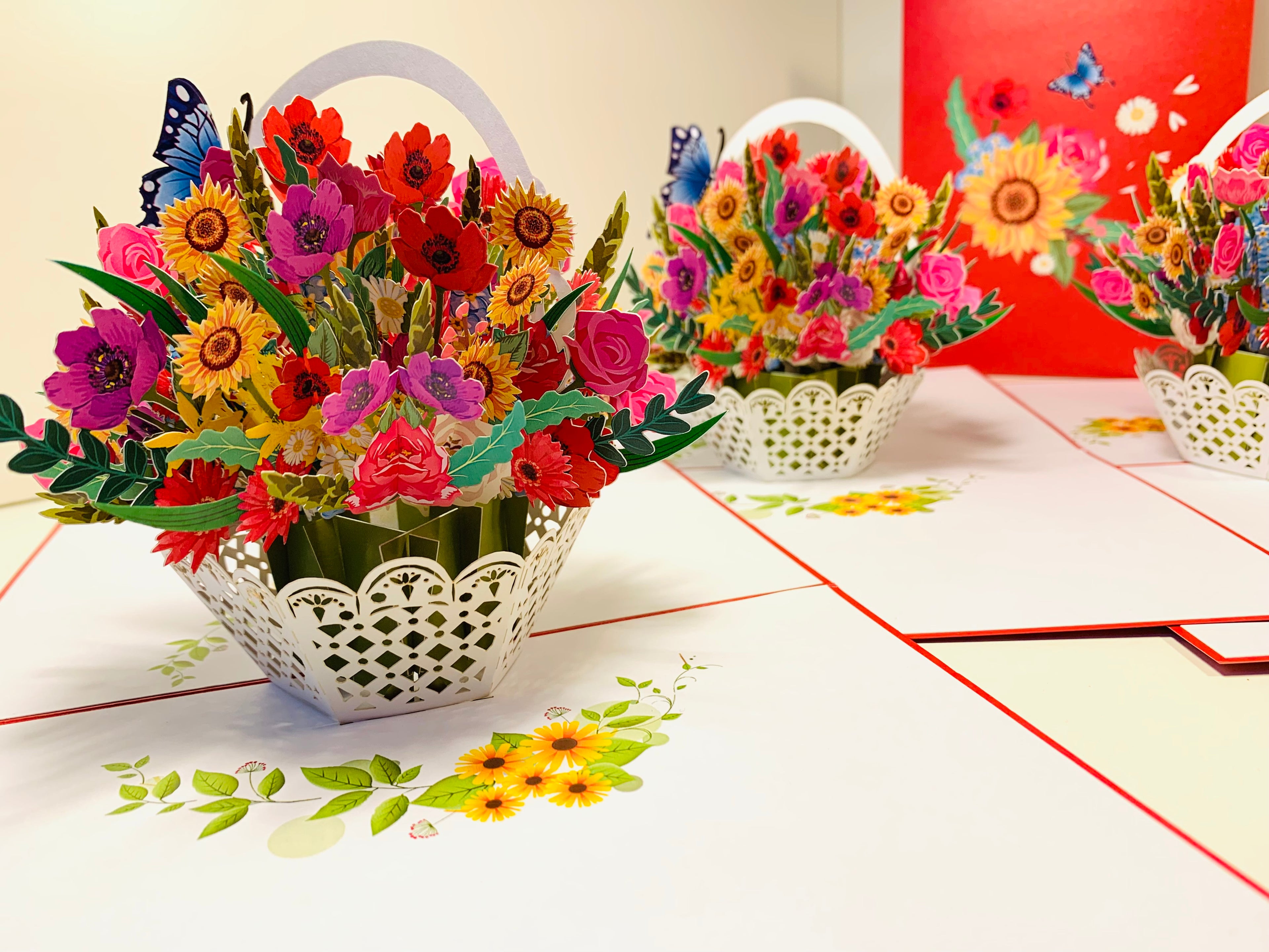RED Spring Colourful Flower Basket Origami Pop Cards 3D Pop Up Greeting Card Happy Birthday Thank You Handmade Gift Thinking of You Blank Card for Any Occasion Happy Mother's Day Happy Father's Australiana Celebrate the Beauty of Flower and Romantic