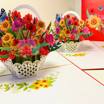RED Spring Colourful Flower Basket Origami Pop Cards 3D Pop Up Greeting Card Happy Birthday Thank You Handmade Gift Thinking of You Blank Card for Any Occasion Happy Mother's Day Happy Father's Australiana Celebrate the Beauty of Flower and Romantic