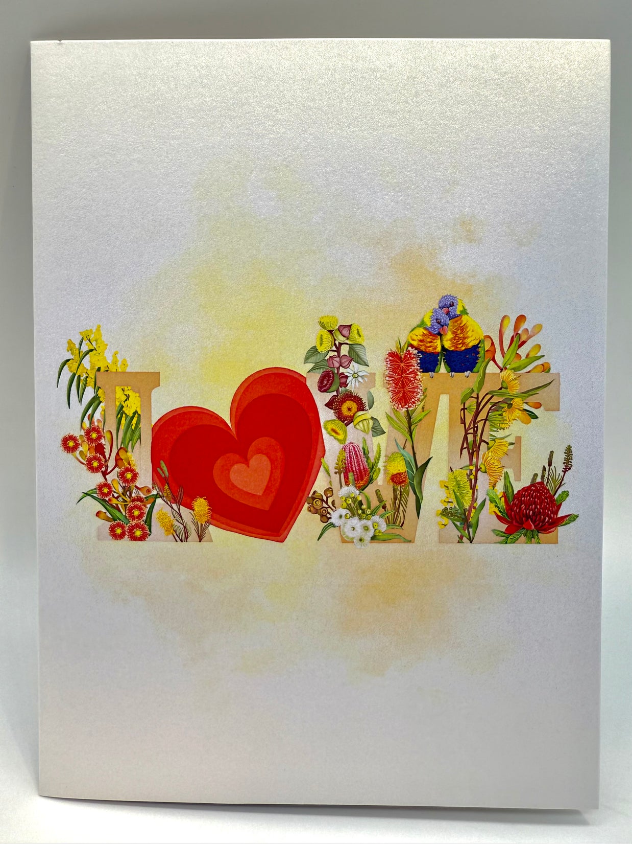 Rainbow Lorikeet LOVE Birds with Australian Native Flowers 3D POP UP GREETING CARD - Created by Origami Pop Cards Australian Design & Handmade 3D Pop Up Magical Paper Cards, Handmade Pop Up Cards Celebrate Love Anniversary Heart Fell and Romantic