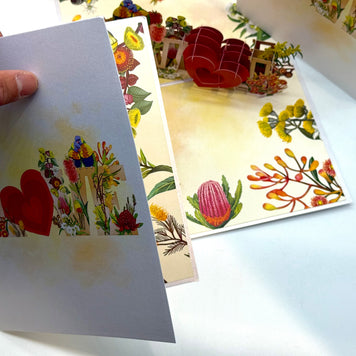 Rainbow Lorikeet LOVE Birds with Australian Native Flowers 3D POP UP GREETING CARD - Created by Origami Pop Cards Australian Design & Handmade 3D Pop Up Magical Paper Cards, Handmade Pop Up Cards Celebrate Love Anniversary Heart Fell and Romantic